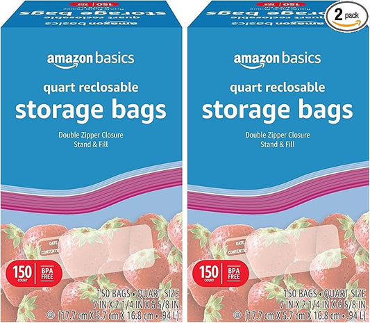 Amazon Basics Reclosable Quart Food Storage Bags with Double Zipper Seal, BPA Free, 150 Count (Pack of 2)