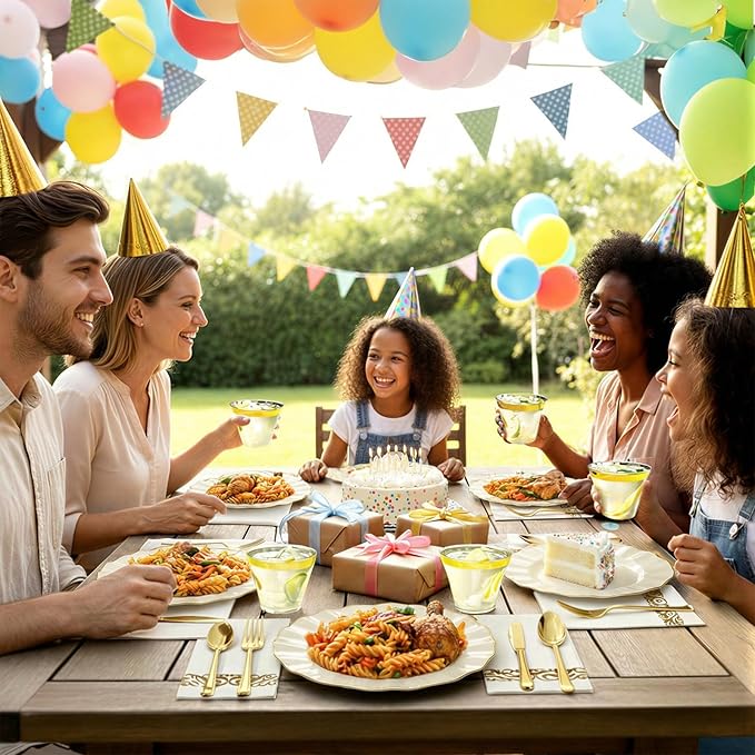 175 Piece Plastic Dinnerware Set Disposable Dinnerware Set for 25 Guests Include 50 Plastic Plates 25 Silverware Set 25 Cups and 25 Napkins for Party Wedding Birthday（White and Gold）