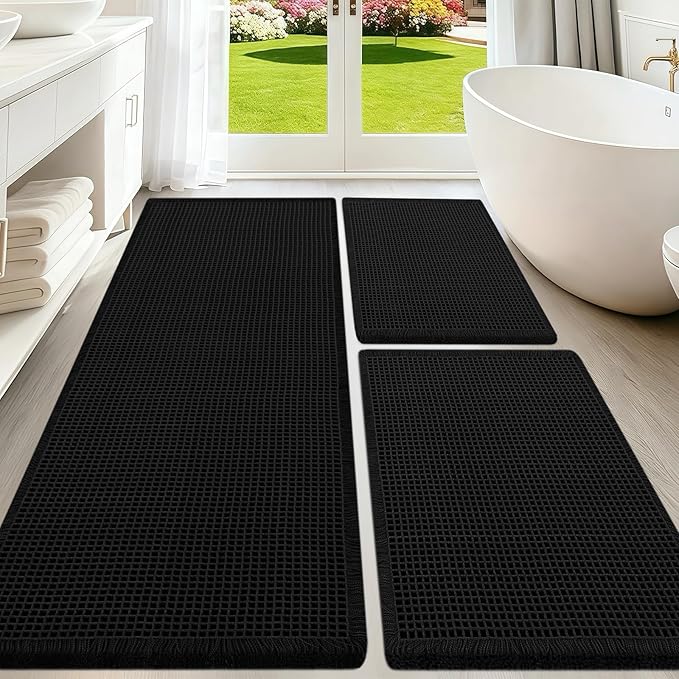 Upgraded Waffle Bath Mat Set 3 Piece Black, Super Absorbent Non-Slip Quick Dry Bathroom Rugs with Tassels, Machine Washable Ultra Soft Boho Bath Rugs for Floor, Toilet Mats Boho Farmhouse Decor