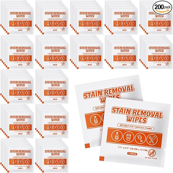 Stain Remover Wet Wipes Bulk, Individual Wrapped Clothes Portable Travel Messy Eater Cleaning Laundry Stain Removal Wipes Pocket Size for Clothing Fabric/Wine/Fast Food 7.1 x 4.7 Inch (White 200)