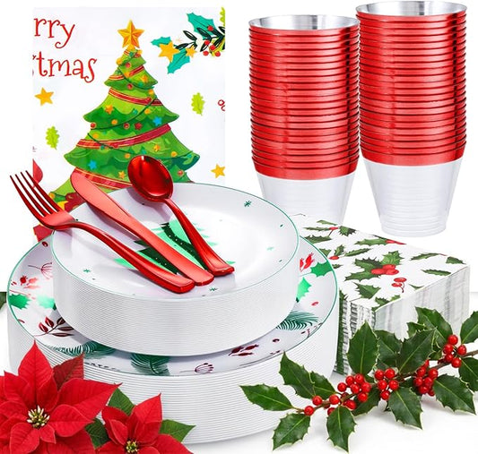 Festiva 176Pcs Christmas Plastic Plates Heavy Duty- Christmas disposable Dinnerware Set-include 50Plates 25Plastic Silverware 25Cups 25Holly Berry Napkins
