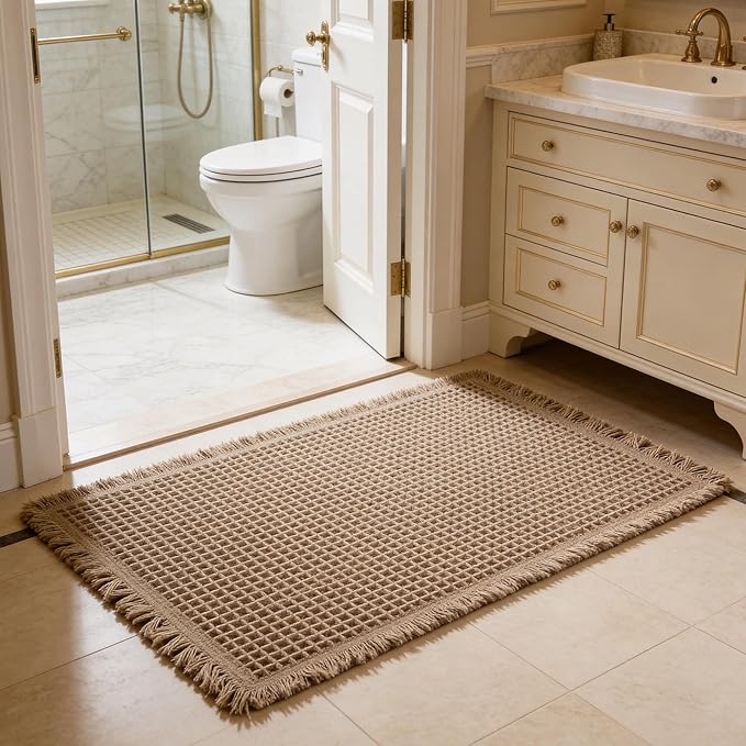 Waffle Bathroom Rugs, Non Slip Absorbent Waffle Knit Bath Mat for Shower Floor, Tub and Bathroom Door, Ultra Soft Quick Dry, Brown, 18"x30"