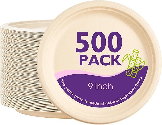9 Inch 500 Pack Compostable Paper Plates Round Unbleached Brown Plates Made from Natural Sugarcane Fibers, Biodegradable Heavy Duty Disposable Plates for Party, Camping, Picnic