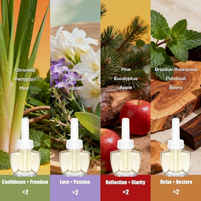 Plug In Scented Oil Refill, Essential Oil Air Freshener Refills – 8 Count Aromatherapy Oils with Citrus, Floral Fruity & Woody Notes, Compatible with Air Wick & Glade Plug In (Not for Glade Plus)