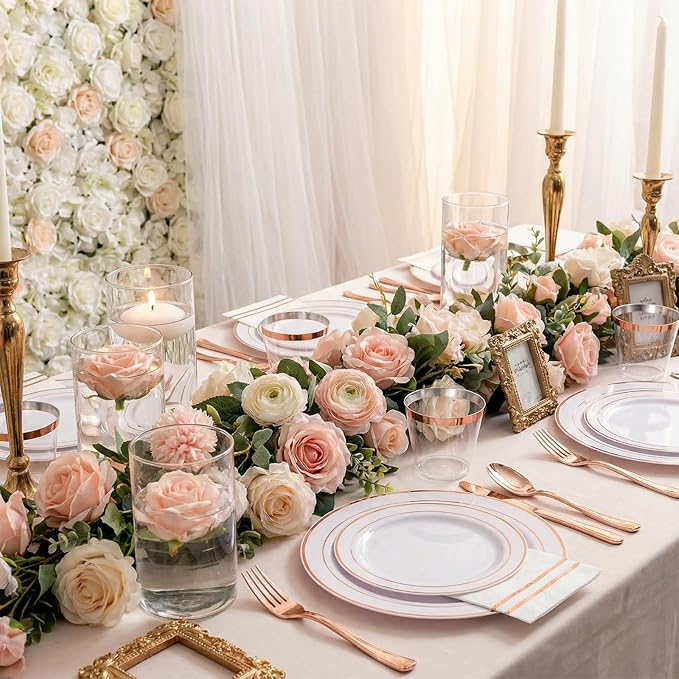 GATHER 350PCS Rose Gold Plastic Plates - Disposable Rose Gold Dinnerware Sets Includes 100 Gold Rimmed Plastic Plates, 150 Silverware, 50 Napkins, 50 Cups for Party, Wedding