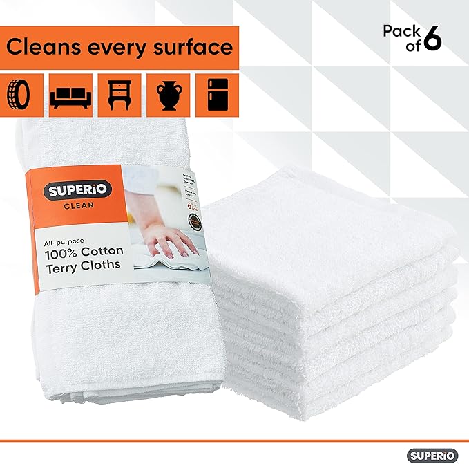 Superio Terry Cloth Rags White Washcloths 100% Cotton 12" Cleaning Cloths, Kitchen Towels, Facial Washcloth, Spa Cloths, Hand Towel, Small Lint Free Rags for Multi-Purposes, 72 Pack