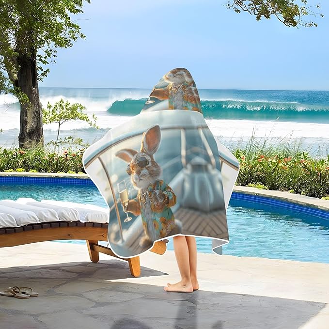 Hooded Towel for Kids Rabbit with Sunglasses Drinking Beach Wrap Bath Towels 50x23.5in