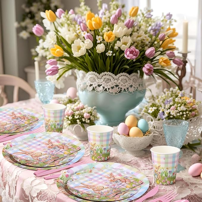 Pickmesh 400 Pcs Bunny Plates and Napkins Set, Bunny Party Decoration with Disposable Paper Plates, Napkins, Cups and Cutlery, Spring Rabbit Party Supplies, Serve 50 Guests