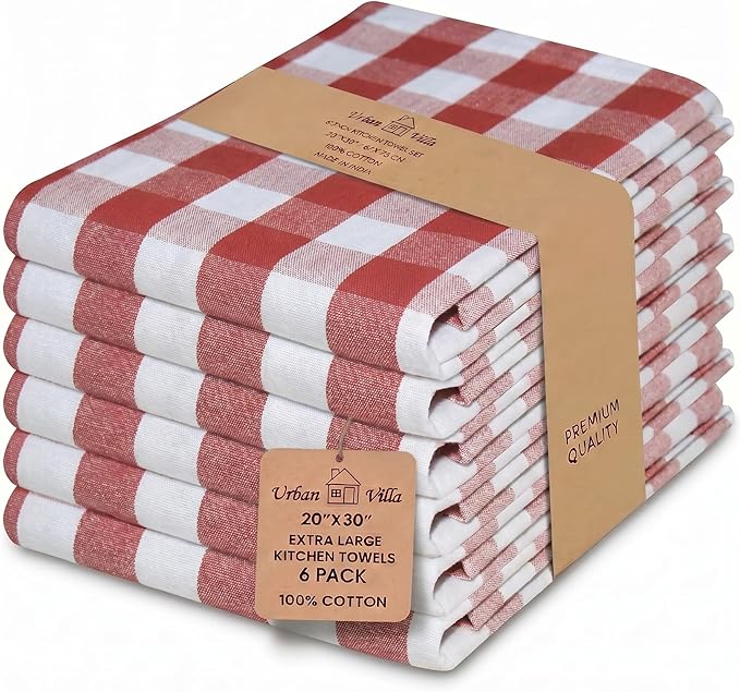 Urban Villa Kitchen Towels Set of 6 Buffalo Checks Rust Kitchen Towels 20X30 Inches 100% Cotton Highly Absorbent Kitchen Towels Premium Quality Ultra Soft Mitered Corners KitchenTowels