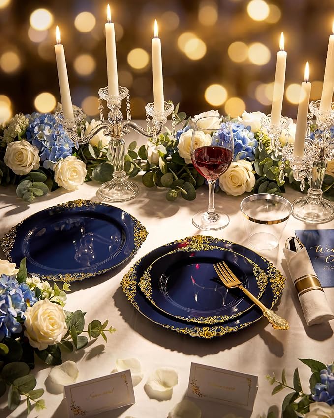 Nervure 350Pcs Blue Plastic Plates - Blue Gold Plastic Dinnerware Sets for 50 Guests - 100 Navy Gold Disposable Plates, 50 Pre Rolled Silverware, 50 Cups Perfect for Wedding & Party & Memorial Day