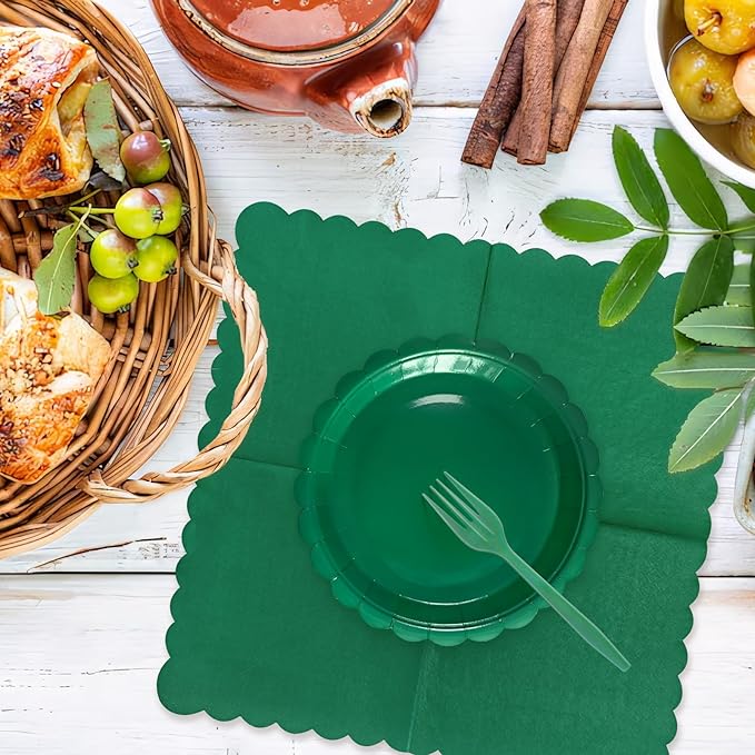 Dark Green Paper Plates and Napkins,7 Inch Dark Green Scalloped Disposable Dessert Plates Paper Napkin Fork Party Supplies for Wedding Baby Shower Birthday(25 Guest)