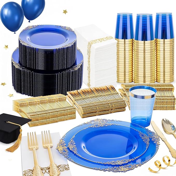 Nervure 350PCS Blue Plastic Plates - Blue Plastic Dinnerware Sets for 50 Guests - 100 Disposable Plates, 150 Gold Silverware, 50 Cups, 50 Napkins for Wedding & Party
