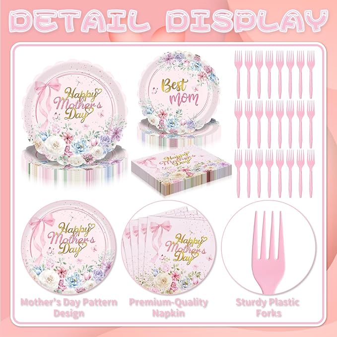 Gistome 96 Pieces Mother’s Day Floral Tableware Set – Pink Scalloped Disposable Plates, Napkins and Forks for Mother’s Day Party, Brunch, Tea Party, and Spring Celebrations – Serves 24 Guests