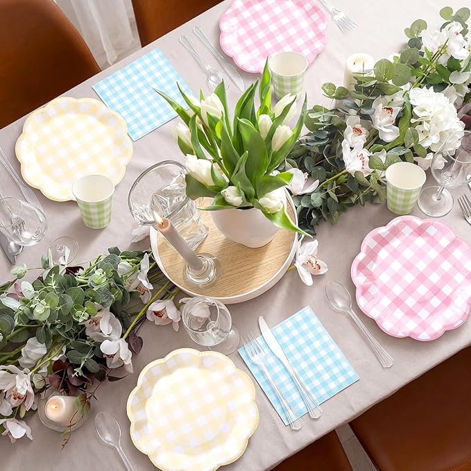 FillTouch 50 Sets Spring Pastel Gingham Disposable Tableware Pink Yellow Paper Plates Green Cups Blue Napkins Clear Knives Forks Spoons for Birthday Baby Shower Wedding Party Decoration