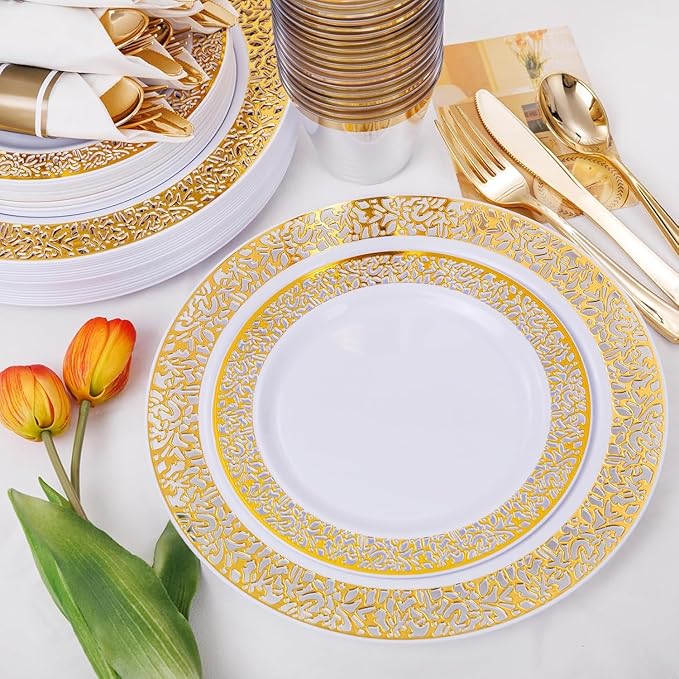 WELLIFE 50 Guests Dinnerware Sets, Gold Plastic Plates，Platos Para Fiestas Elegantes Desechables Include:50 Dinner Plates, 50 Dessert Plate, 150 Pcs Gold Plastic Silverware, 50 Cups for Party
