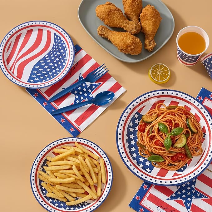 Fijinhom Patriotic Party Supplies, 175 PCS American Flag Paper Plates Set, Disposable Dinnerware Set for 25 Guests, USA Flag Paper Plates Napkins Cups Blue Plastic Forks Knives Spoons for Christmas