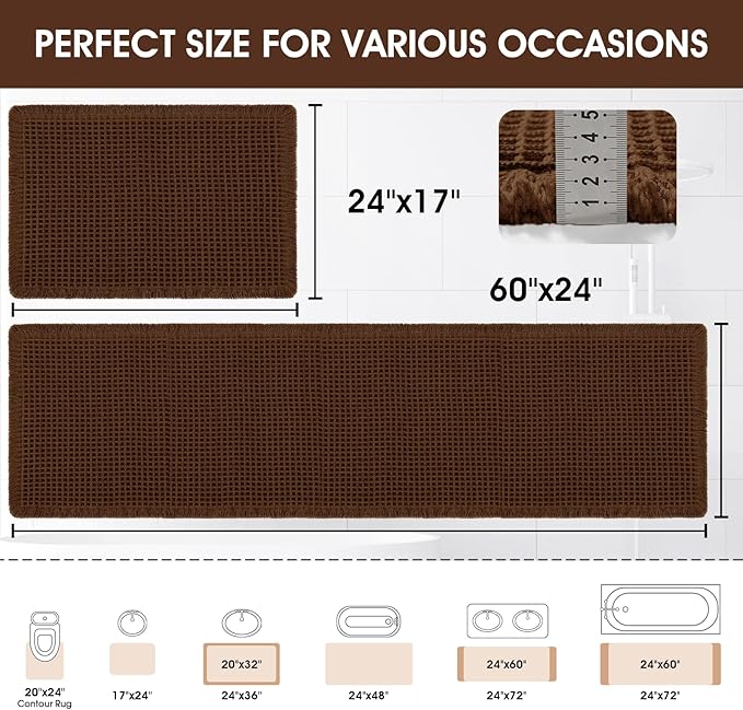 Upgraded Waffle Bath Mat Set 2 Piece Brown, Super Absorbent Non-Slip Quick Dry Bathroom Rugs with Tassels, Machine Washable Ultra Soft Boho Bath Rugs for Floor, Toilet Mats Boho Farmhouse Decor