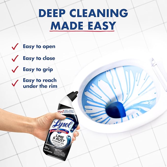 Lysol Lime & Rust Toilet Bowl Cleaner Liquid, For Limescale, Rust & Hard Water Stains, Septic Safe, Clinging Gel, Disinfects, Sanitizes & Deodorizes, Bathroom Cleaning Supplies, 24oz (2 Pack)