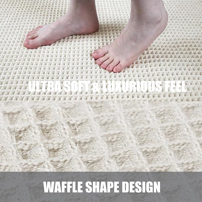 Set of 2 Waffle Bathroom Rugs, Non Slip Absorbent Waffle Knit Bath Mat for Shower Floor, Tub and Bathroom Door, Ultra Soft Quick Dry, Cream White, 18"x30"+24"x36"