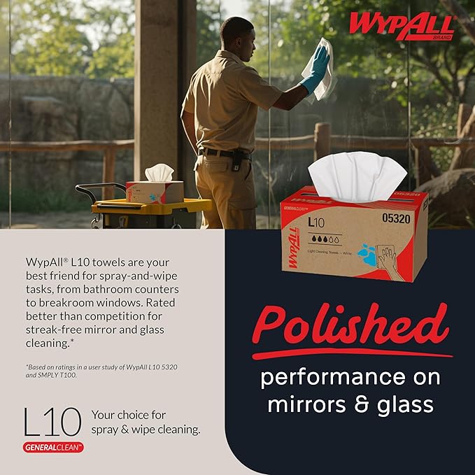 WypAll GeneralClean L10 Cloths Light Cleaning Wipes (05320), Pop-Up Box, Bulk Paper Wipers, White (18 Packs of 125 Sheets, 2,250 Sheet Total)