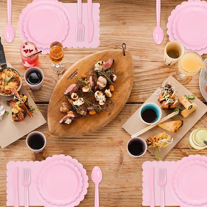 168 Pcs Pink Paper Plates and Napkins, Light Pink Party Supplies Include Scalloped Plate Napkins Cups Forks Knives Disposable Plastic Cutlery for Xmas Dinner Plates Table Decorations