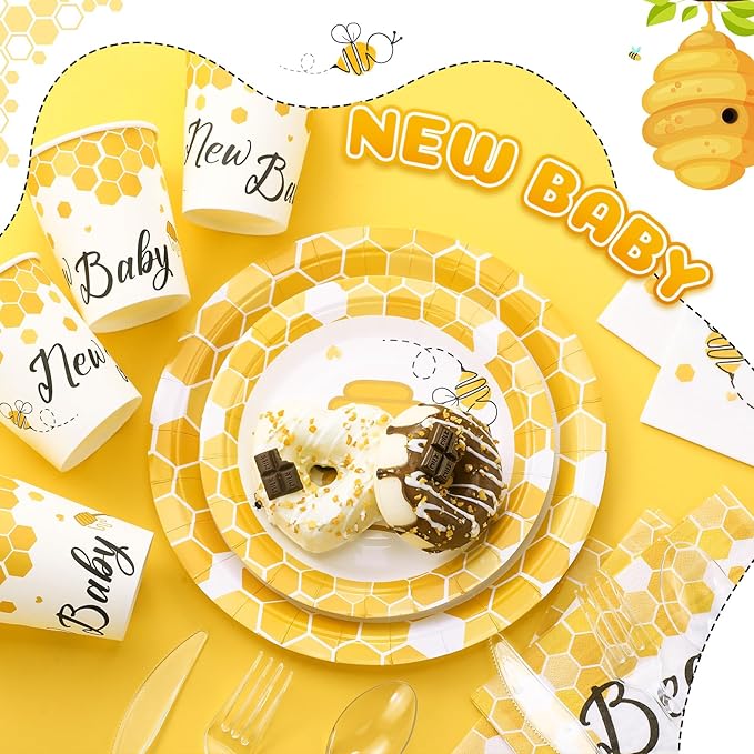 FillTouch 350 Pcs Bee Party Tableware for 50 Guests Baby Shower Bee Paper Plates Disposable Napkins Cups Plastic Knives Fork Spoon for Birthday Wedding