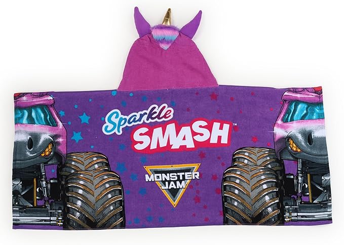 Jay Franco Kids Hooded Towel – 22" x 51" Super Soft Bath Wrap with 3D Hood, Beach, Pool & Travel, Official Licensed Product, Purple - Monster Jam Sparkle Smash