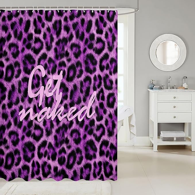 Feelyou Leopard Print Get Naked Shower Curtain for Bathroom Decor Funny Quotes Bath Curtain Purple Bathroom Accessories Cheetah Waterproof Polyester Fabric for Stalls Bathtubs 72"x72"
