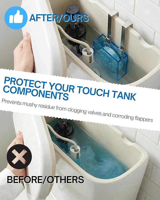 Toilet Tank Cleaning Tablet Holder with Adjustable Stainless Steel Hook – Hanging Dispenser Carrier for Toilet Bowl Cleaners – Prevents Residue Buildup and Tank Damage (Sky Blue, Trumpet)