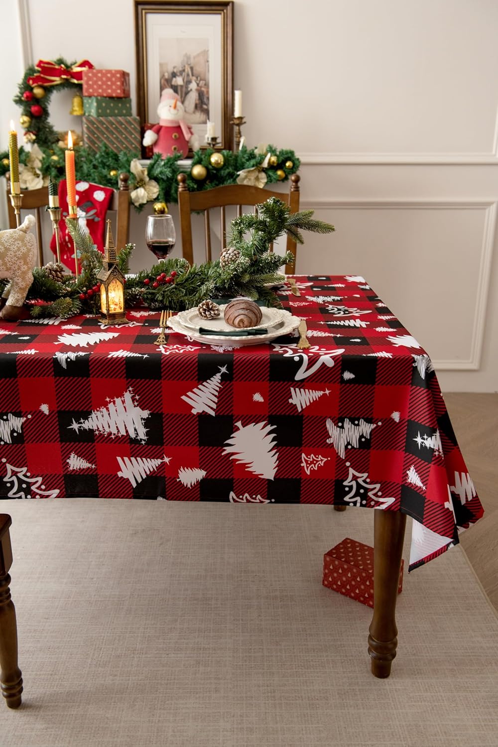 Gingham Xmas Tablecloth Fabric - Oblong 58x120 Water Resistant Christmas Tree Plaid Table Cloth for Indoor/Outdoor Use - Red Tabletop Cover Perfect for Birthday, Picnics, Gardens