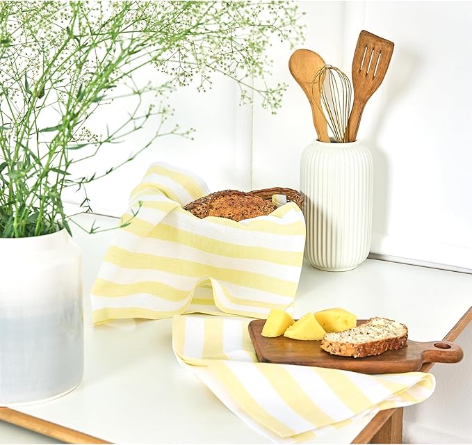 Solino Home Yellow and White Linen Kitchen Towels Set of 2-100% Pure Linen 17 x 26 Inch Sorrento Stripe Tea Towels with Hanging Loop - European Flax Kitchen Dish Cloth- Quick Dry & Machine Washable