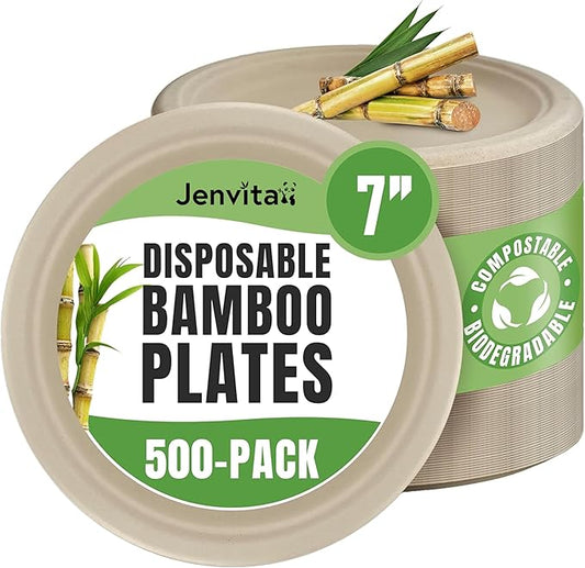 Jenvita Bamboo Eco Friendly Plates (500-Pack, 7-inch) | Sturdy & Microwave Safe | Heavy Duty Disposable Bamboo Plates | PFAS Free, Biodegradable | FSC Certified Alternative to Plastic