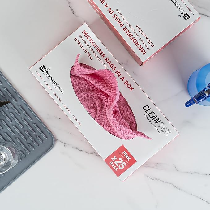 Restaurantware-Clean Tek Professional 11.81 x 11.81 Inch Microfiber Rags In a Box, 250 Absorbent Cleaning Cloths - No-Scratch, Pink Microfiber Reusable Edgeless Cleaning Towels, Leaves No Streak