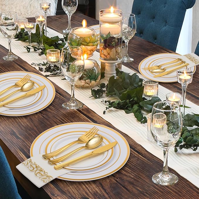 Goodluck 350 Pieces Gold Dinnerware Set for 50 Guests, Plastic Plates Disposable for Party, Include: 50 Gold Rim Dinner Plates, 50 Dessert Plates, 50 Paper Napkins, 50 Cups, 50 Gold Silverware Set