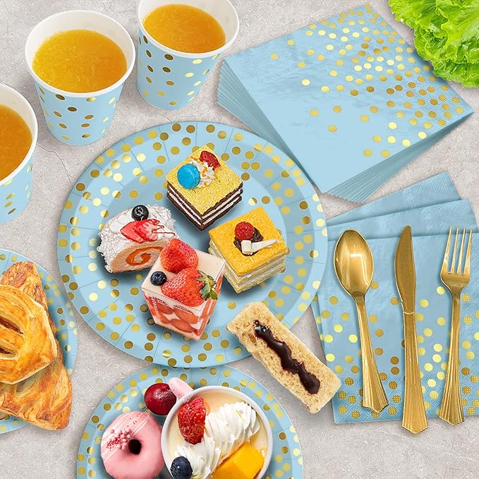 350PCS Blue and Gold Paper Plates Party Decorations Dinnerware Sets for 50 Guests Plastic Forks Knives Spoons, Golden Dot Blue Party Plates Napkins Cups for Birthday Baby Shower Wedding New Year