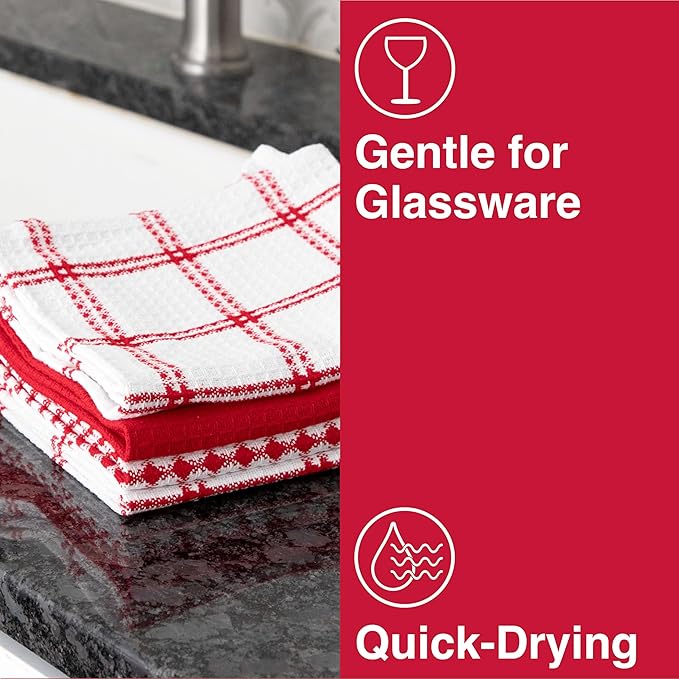 T-Fal Premium Waffle Dish Cloths: Highly Absorbent, Super Soft Long Lasting - 100% Cotton, 12"x13" Towel for Cleaning & Drying, (8-Pack), Red