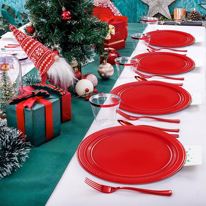 50 PCS Red Plastic Plates, 7 Inch Disposable Dessert Plates Cake Plates for Wedding Birthday Christmas Party Supplies (Red, 7 Inch)