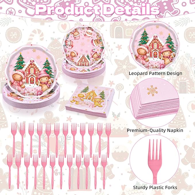 100 Pieces Pink Christmas Party Tableware Set – Gingerbread Round Plates, Napkins and Forks, Disposable Dinnerware for Christmas Birthday, Holiday and Winter Party Supplies