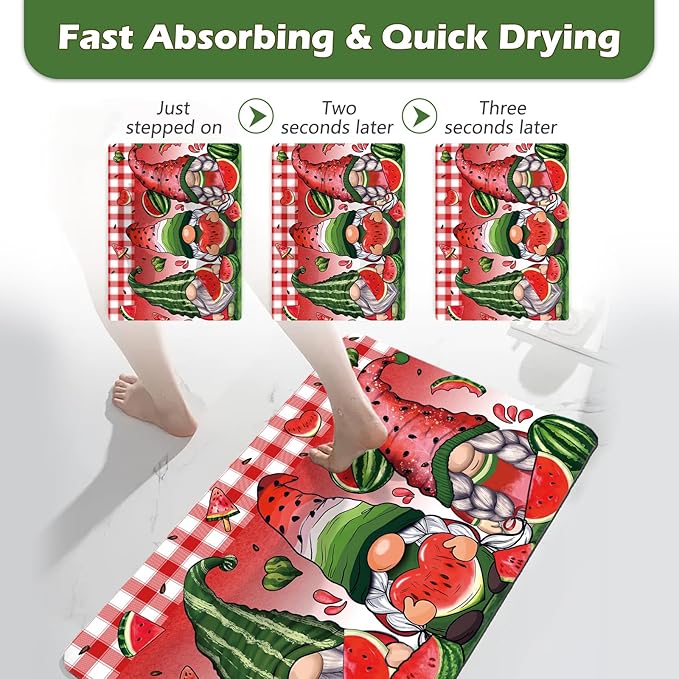 APROPHIC Summer Gnome Bath Mat for Bathroom Decor, Fruit Watermelon Plaid Bathroom Rug Non-Slip Rubber Backing Carpet, Absorbent Quick-Drying Floor Mat, Ultra-Thin Fit Under The Door,17x24 in, Red