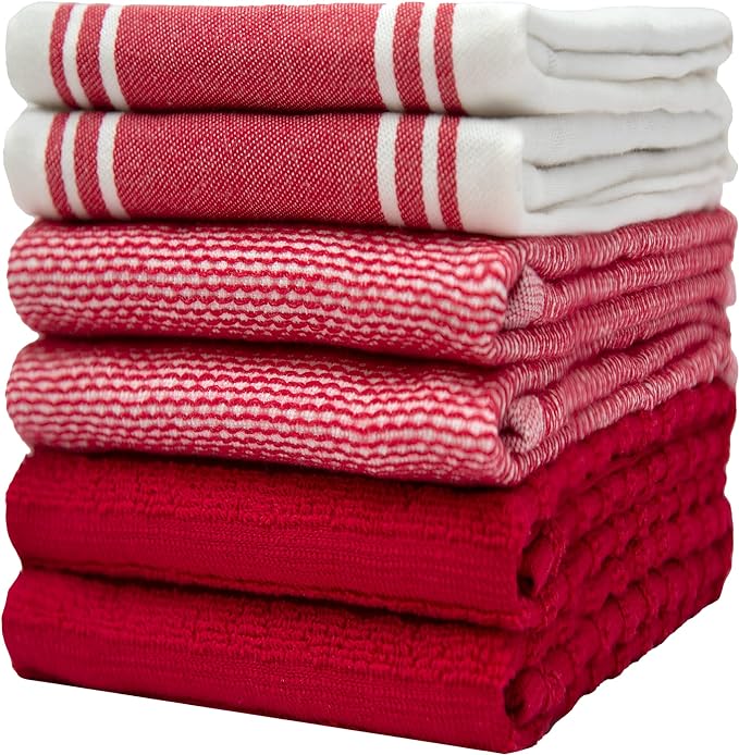 Premium Kitchen Towels (20”x 28”, 6 Pack) | Large Cotton Dish Towels | Flat & Terry Highly Absorbent Kitchen Linen Set with Hanging Loop | Wide Stripe Red