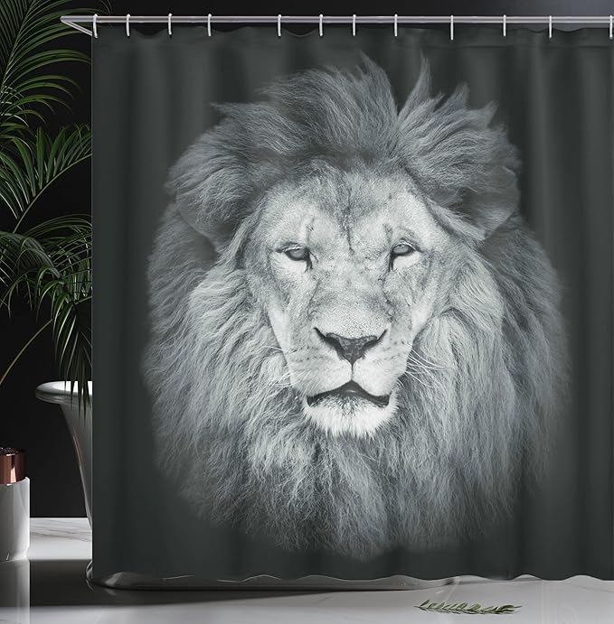 Ambesonne Savannah Shower Curtain, Huge Lion Head with Fure Mane Against Dark Background Monochromic, Cloth Fabric Bathroom Decor Set with Hooks, 69" W x 70" L, Green Grey