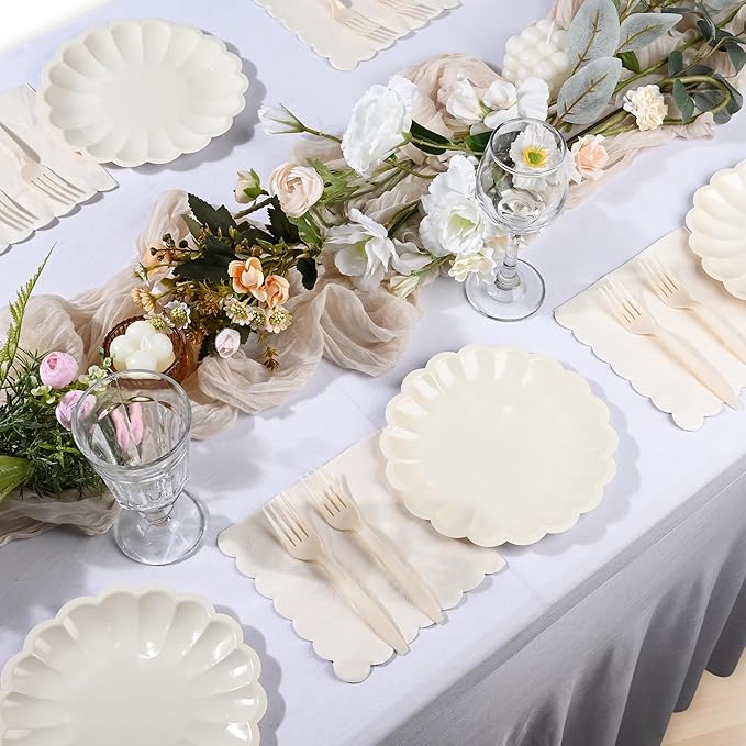 75 Pcs Ivory Paper Plates and Napkins Disposable Tableware Set Include Cream Scalloped Plates with Shell Edge, Napkins & Plastic Forks for Wedding Baby Shower Birthday Party, Serve for 25 Guests
