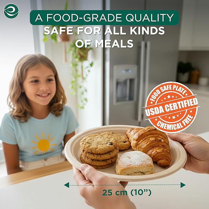 ECO SOUL Compostable Paper Plates 10 Inch, 500 Pack – Heavy Duty Disposable Paper Plates, Biodegradable Sugarcane Bagasse, Durable & Microwave Safe, Unbleached Round Dinner Plates for Party, Picnic