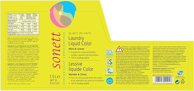 Sonett Organic Laundry Liquid Detergents, Mint & Lemon (1 Count) for all colored textiles Certified Organically Grown