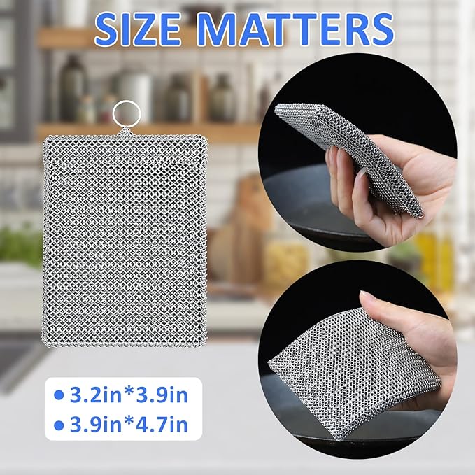 316L Stainless Steel Cast Iron Scrubber Cleaner,Chain Mail Scrubber with Silicone Insert for Cast Iron Skillet, Cleaning Steel Skillet, Wok, Carbon Steel (10CM*12CM)