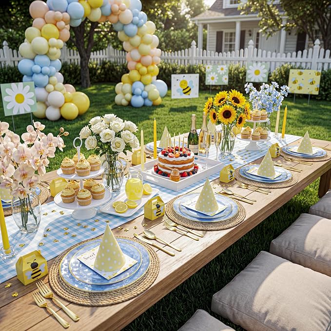 Festiva 60PCS Clear Blue Gold Plastic Plates - Heavy Duty Fancy Disposable Plates With Gold Rim -serve for 30 guests Include Each 30PCS 10.25" & 7.5" Honeycomb Design Plates for Party(Blue)
