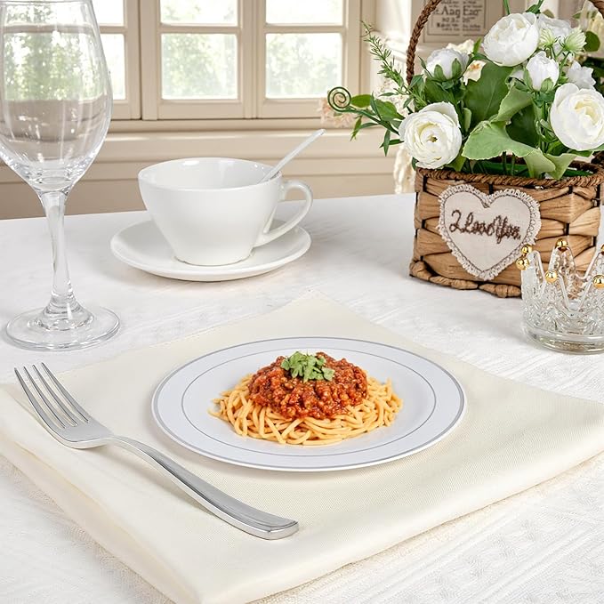bUCLA 200PCS Silver Plastic Plates - 6.25inch White with Silver Trim Disposable Salad/Dessert/Appetizer/Small Cake Plates - Ideal for Wedding & Party