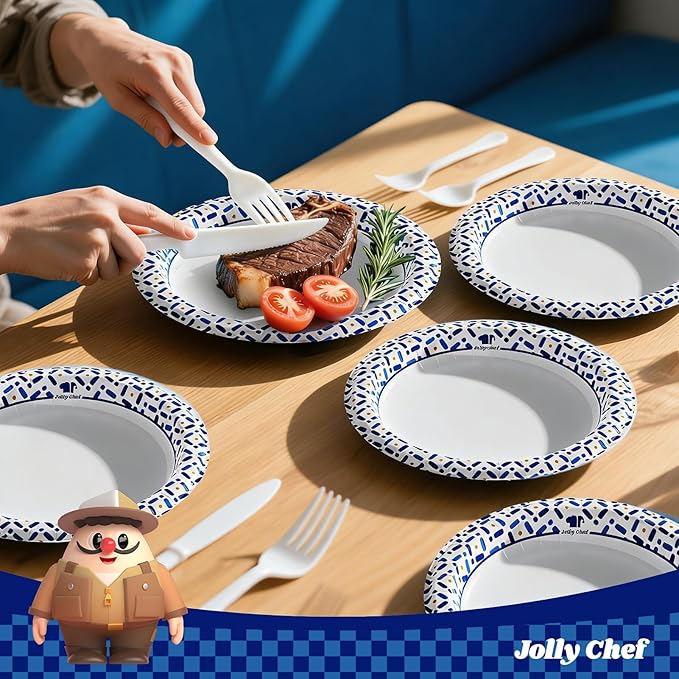 JOLLY CHEF 300 Count 8.5 Inch Paper Plates, Soak-Proof, Cut Proof, Disposable Heavy Duty Plates for Everyday Use, Picnic, Family Gatherings, Parties