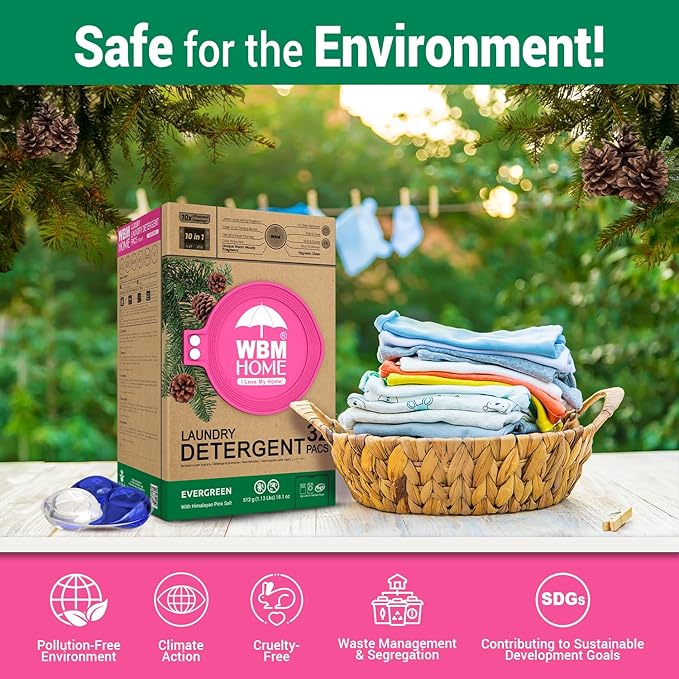 WBM Laundry Detergent Pods - Ultra-Concentrated, Hypoallergenic, Stain-Fighting, Evergreen Scent, 32-Pack, Recyclable Packaging for Eco-Friendly Cleaning
