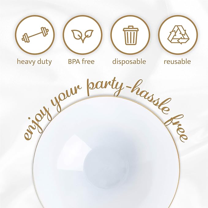 [16 OZ 40 Count] White Plastic Floral Design Party Soup bowls With Gold Rim Premium heavyweight Elegant Disposable Tableware Dishes